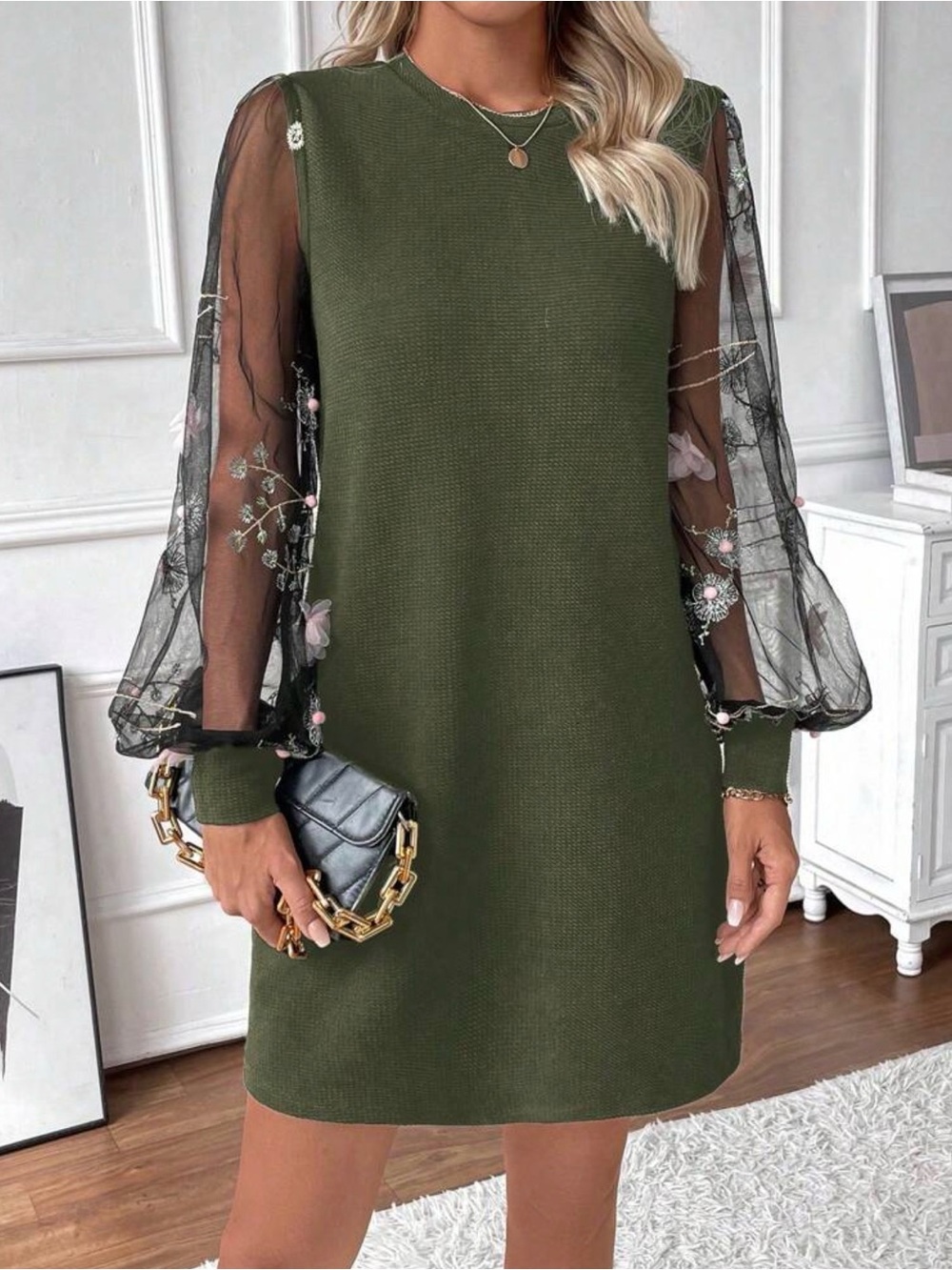 Olive Green Sheer Sleeve Knit Shift Dress - Women's